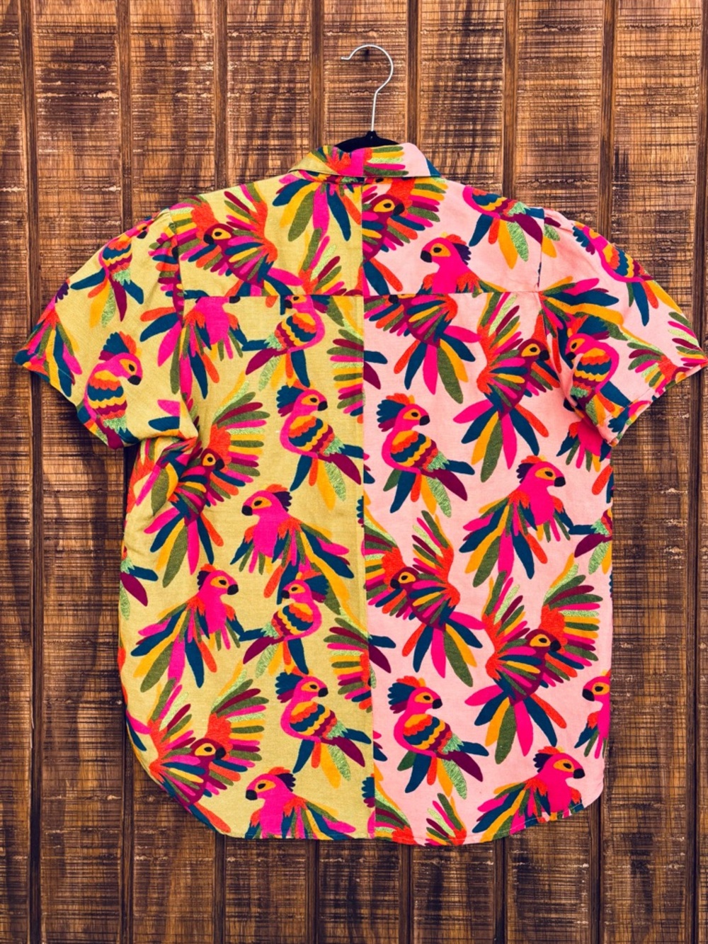 FARM Rio From Anthropologie Two Tone Parrot Button Up Linen Blend Shirt - Picture 9 of 14